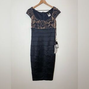 Tadashi Shoji Navy Blue Lace Beaded Bandage Sheath Dress Size 6 Cap Sleeve NWT